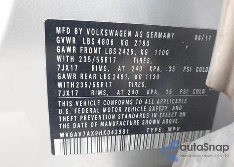 2017 Volkswagen Tiguan 2.0T/2.0T S from USA, damaged, VIN WVGAV7AX9HK042981